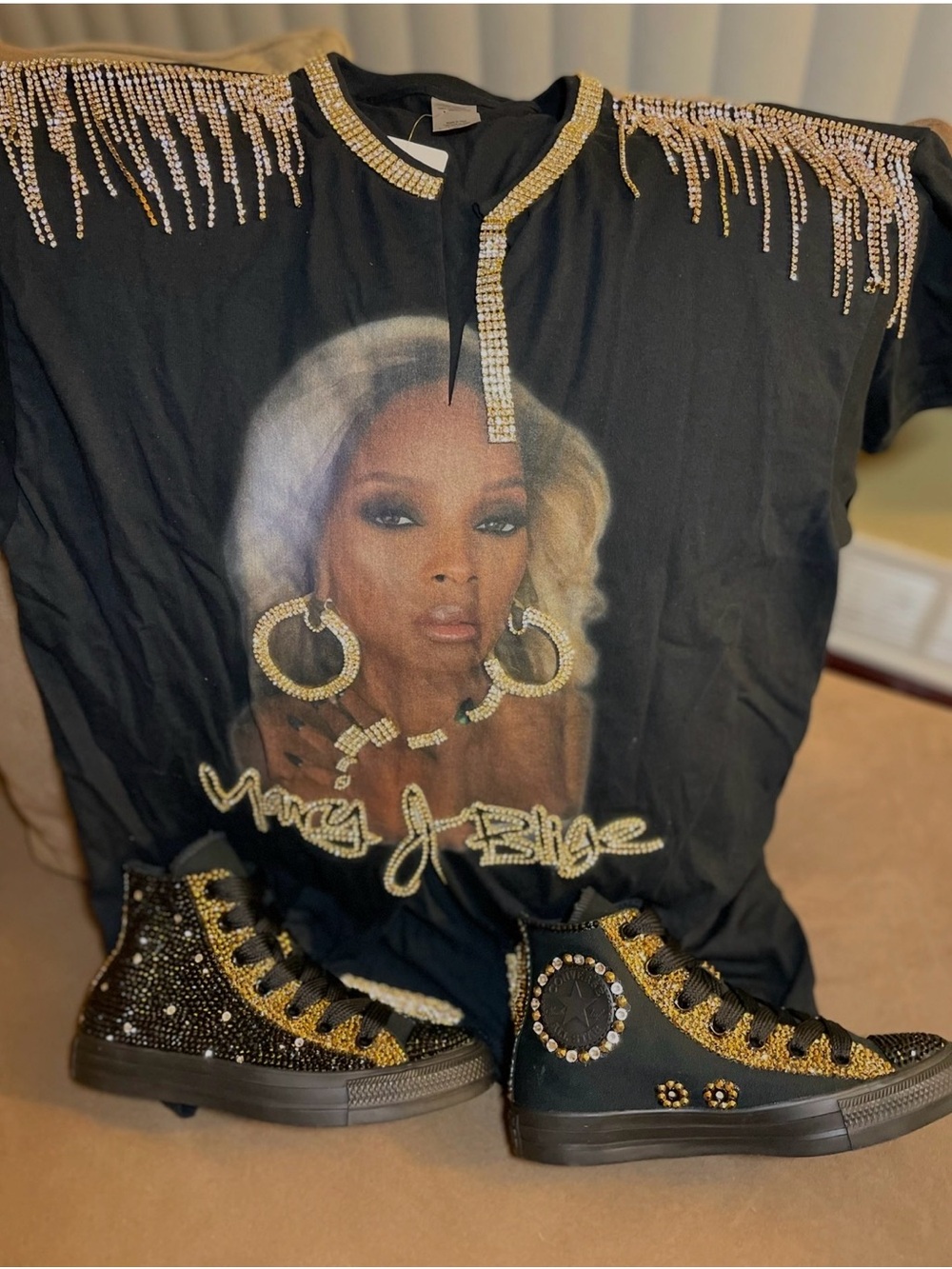 Mary J. Blige Black Graphic Tee with Gold Rhinestone Accents
